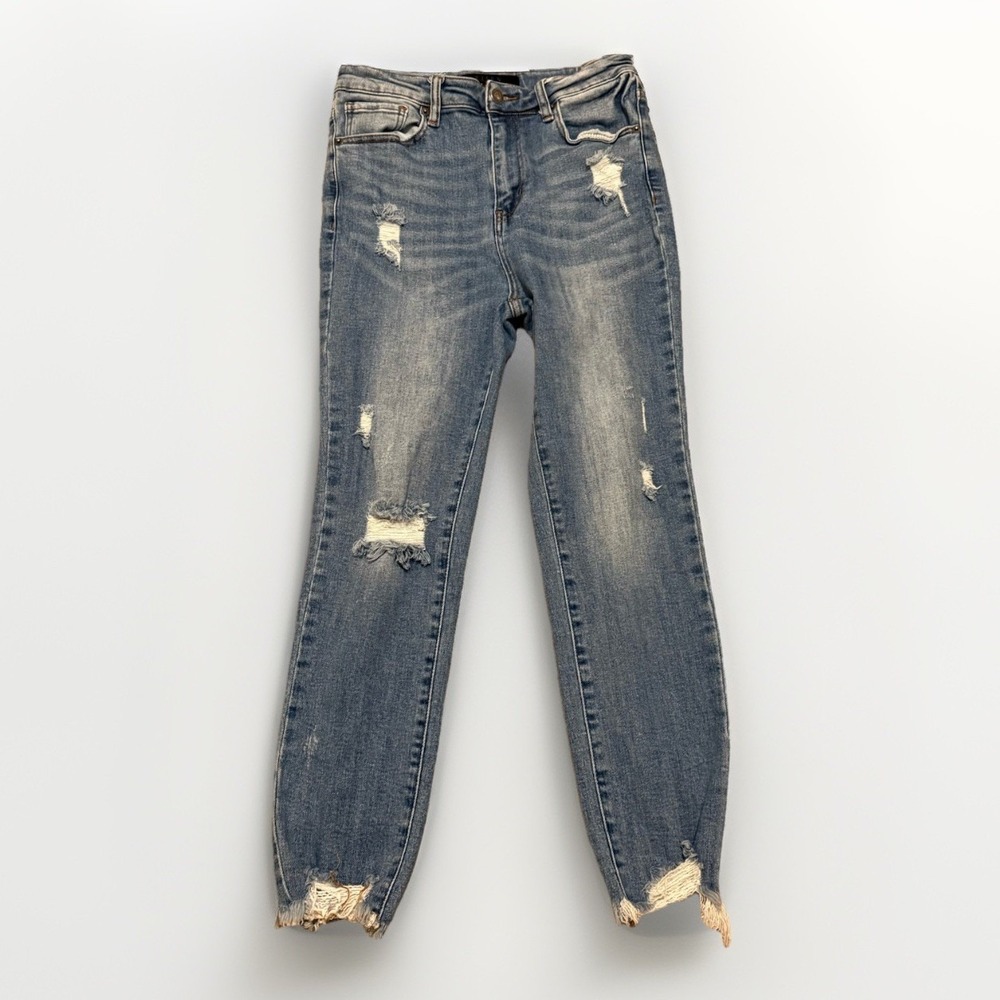 Risen Jeans Straight Leg Women Med Blue Distressed Raw‎ Hem Size 9/29 #RDP1443